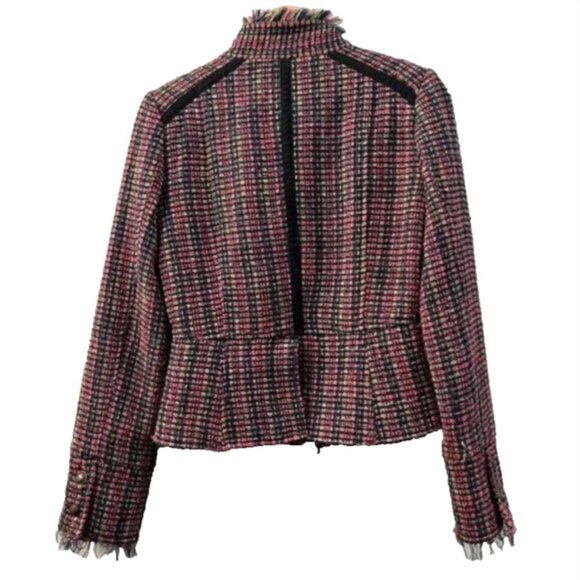 Y2K Womens Tweed Multicolor Boucle Blazer Jacket Military Style Navy Pink XS - Picture 3 of 9